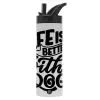 Metallic thermos bottle with straw & handle, stainless steel (Stainless steel 304), double-walled, 600ml.
