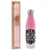 Easter Set, Metallic pink/white (Stainless steel) thermos, double-walled, 500ml & aromatic flat Easter candle (30cm) (PINK)