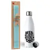 Easter Set, metallic stainless steel water bottle (750ml) & aromatic flat Easter candle (30cm) (TURQUOISE)