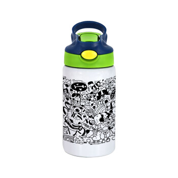 DOG pattern, Children's hot water bottle, stainless steel, with safety straw, green, blue (350ml)