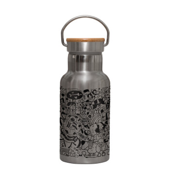 Σκυλάκια, Μεταλλικό παγούρι θερμός (Stainless steel) Ασημένιο με ξύλινο καπακι (bamboo), διπλού τοιχώματος, 350ml
