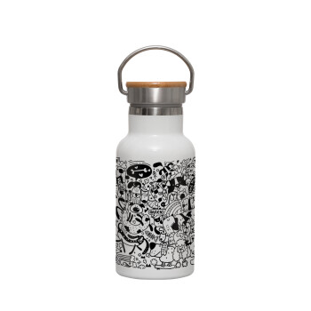 DOG pattern, Metallic thermos (Stainless steel) White with wooden lid (bamboo), double-walled, 350ml