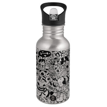 DOG pattern, Water bottle Silver with straw, stainless steel 500ml