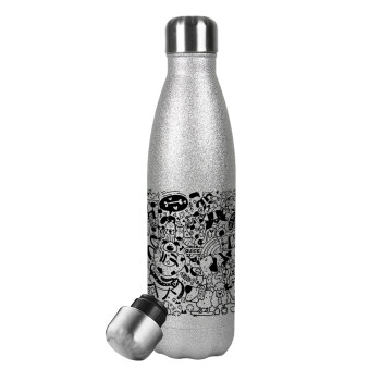 DOG pattern, Μεταλλικό παγούρι θερμός Glitter Aσημένιο (Stainless steel), διπλού τοιχώματος, 500ml