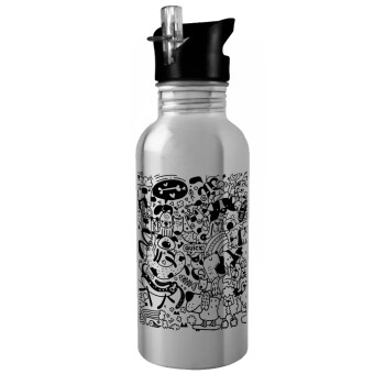 DOG pattern, Water bottle Silver with straw, stainless steel 600ml