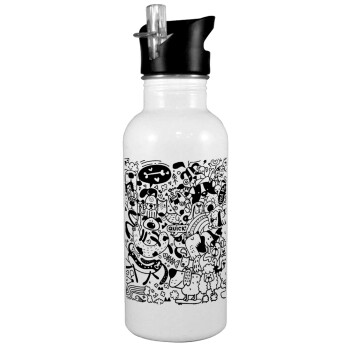 DOG pattern, White water bottle with straw, stainless steel 600ml