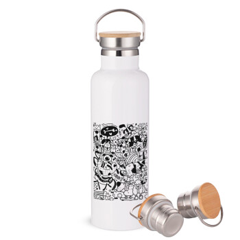 DOG pattern, Stainless steel White with wooden lid (bamboo), double wall, 750ml