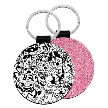 DOG pattern, Μπρελόκ Δερματίνη, στρογγυλό ΡΟΖ (5cm)