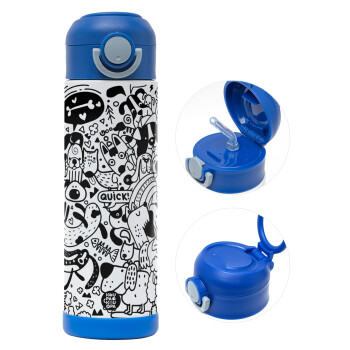 DOG pattern, Children's hot water bottle, stainless steel, with safety straw, BLUE (500ml)