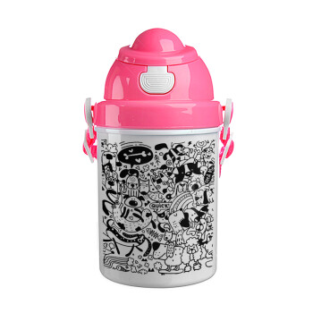 Σκυλάκια, Ροζ παιδικό παγούρι πλαστικό (BPA-FREE) με καπάκι ασφαλείας, κορδόνι και καλαμάκι, 400ml