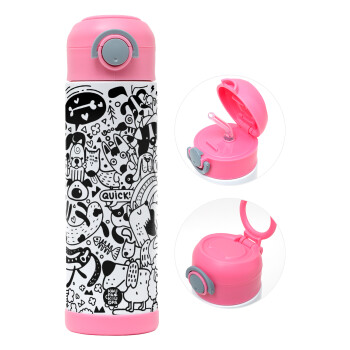 DOG pattern, Children's hot water bottle, stainless steel, with safety straw, PINK (500ml)