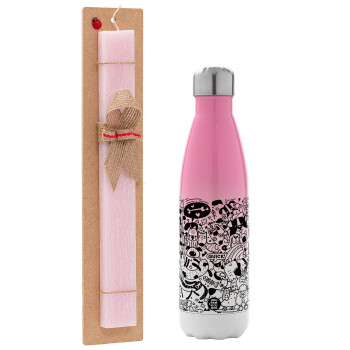 DOG pattern, Easter Set, Metallic pink/white (Stainless steel) thermos, double-walled, 500ml & aromatic flat Easter candle (30cm) (PINK)