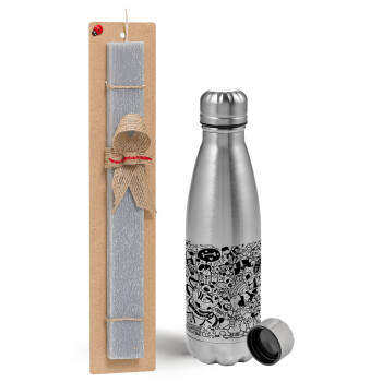 DOG pattern, Easter Set, metallic Inox water bottle (750ml) & aromatic flat Easter candle (30cm) (GRAY)