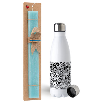 DOG pattern, Easter Set, metallic stainless steel water bottle (750ml) & aromatic flat Easter candle (30cm) (TURQUOISE)