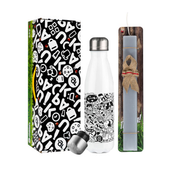 DOG pattern, Easter candle, metallic white thermos bottle (500ml) & aromatic flat candle (30cm) (GRAY)