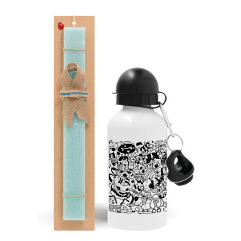 DOG pattern, Easter Set, metallic aluminum water bottle (500ml) & scented flat candle (30cm) (TURQUOISE)