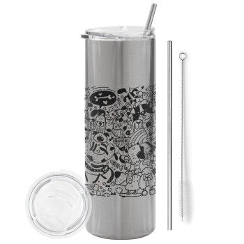 DOG pattern, Tumbler stainless steel Silver 600ml, with metal straw & cleaning brush