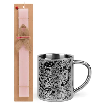 DOG pattern, Easter Set, metallic thermal cup (300ml) & aromatic flat Easter candle (30cm) (PINK)
