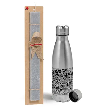 DOG pattern, Easter Set, metallic Inox water bottle (750ml) & aromatic flat Easter candle (30cm) (GRAY)