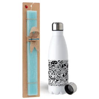 DOG pattern, Easter Set, metallic stainless steel water bottle (750ml) & aromatic flat Easter candle (30cm) (TURQUOISE)