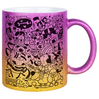DOG pattern, Κούπα Χρυσή/Ροζ Glitter, κεραμική, 330ml