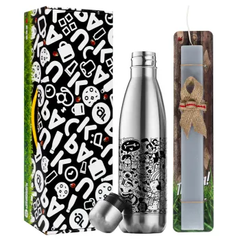 DOG pattern, Easter Set, metallic stainless thermos flask (500ml) & scented flat Easter candle (30cm) (GRAY)
