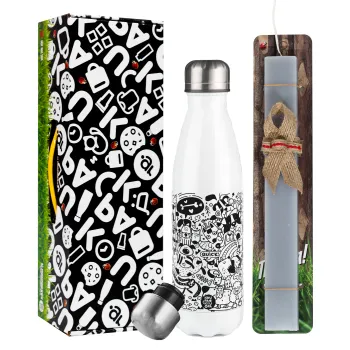 Σκυλάκια, Πασχαλινή Λαμπάδα με μεταλλικό παγούρι θερμός λευκός (500ml) & λαμπάδα αρωματική πλακέ (30cm) (ΓΚΡΙ)