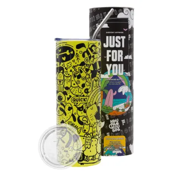 Σκυλάκια, Neon Yellow Travel Tumbler θερμό, μεταλλικό καλαμάκι(Ανωξείδωτο 304 Food grade, BPA free, 600ml)