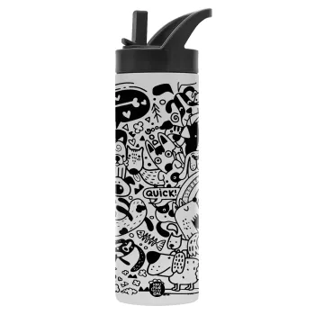 DOG pattern, Metallic thermos bottle with straw & handle, stainless steel (Stainless steel 304), double-walled, 600ml.
