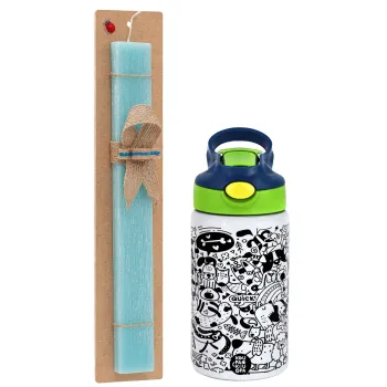 DOG pattern, Easter Set, Children's thermal stainless steel bottle with safety straw, green/blue (350ml) & aromatic flat Easter candle (30cm) (TURQUOISE)