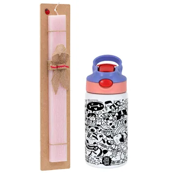 DOG pattern, Easter Set, Children's thermal stainless steel water bottle with safety straw, pink/purple (350ml) & Easter scented flat candle (30cm) (PINK)