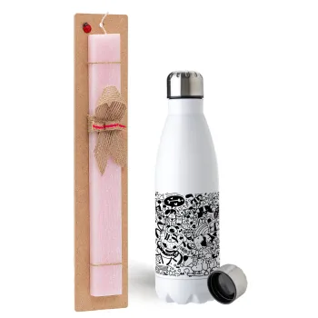 DOG pattern, Easter Set, metallic stainless steel water bottle (750ml) & scented flat Easter candle (30cm) (PINK)