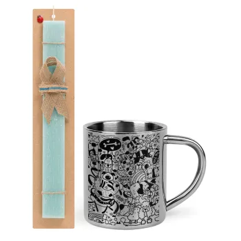 DOG pattern, Easter Set, metallic thermal cup (300ml) & aromatic flat Easter candle (30cm) (TURQUOISE)