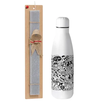 DOG pattern, Easter Set, metallic stainless thermos bottle (500ml) & scented flat Easter candle (30cm) (GRAY)