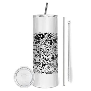 Σκυλάκια, Tumbler ποτήρι θερμό από ανοξείδωτο ατσάλι 600ml, με μεταλλικό καλαμάκι & βούρτσα καθαρισμού