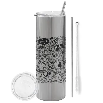 DOG pattern, Tumbler stainless steel Silver 600ml, with metal straw & cleaning brush