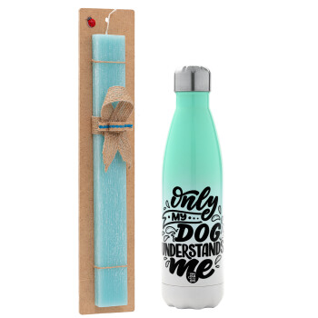 Only my DOG, understands me, Easter Set, Metallic green/white thermos (Stainless steel), double-walled, 500ml & scented flat Easter candle (30cm) (TURQUOISE)