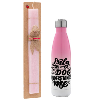 Only my DOG, understands me, Easter Set, Metallic pink/white (Stainless steel) thermos, double-walled, 500ml & aromatic flat Easter candle (30cm) (PINK)
