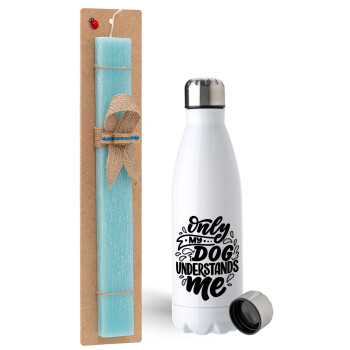 Only my DOG, understands me, Easter Set, metallic stainless steel water bottle (750ml) & aromatic flat Easter candle (30cm) (TURQUOISE)