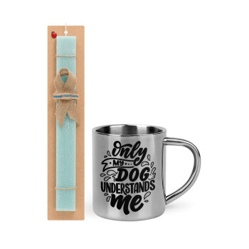 Only my DOG, understands me, Easter Set, metallic thermal cup (300ml) & aromatic flat Easter candle (30cm) (TURQUOISE)