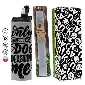Only my DOG, understands me, Πασχαλινή Λαμπάδα με Travel Tumbler θερμό (600ml, BPA free) & κερί αρωματικό πλακέ (30cm) (ΓΚΡΙ)