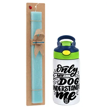 Only my DOG, understands me, Easter Set, Children's thermal stainless steel bottle with safety straw, green/blue (350ml) & aromatic flat Easter candle (30cm) (TURQUOISE)