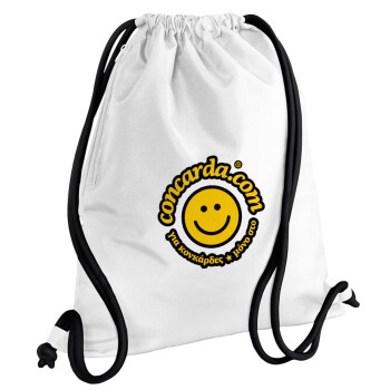 Concarda, Τσάντα πλάτης πουγκί GYMBAG λευκή, με τσέπη (40x48cm) & χονδρά κορδόνια