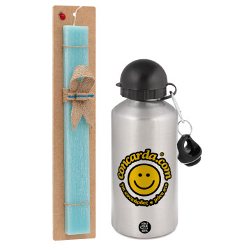 Concarda, Easter Set, metallic silver aluminum water bottle (500ml) & scented flat Easter candle (30cm) (TURQUOISE)