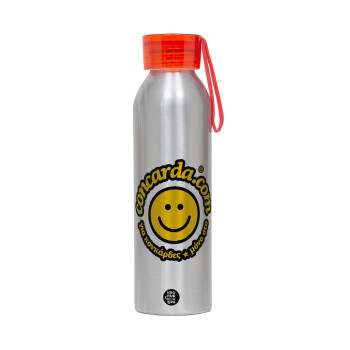 Concarda, Aluminum Sports Bottle 650ml – Silver with Red Cap and Silicone Strap