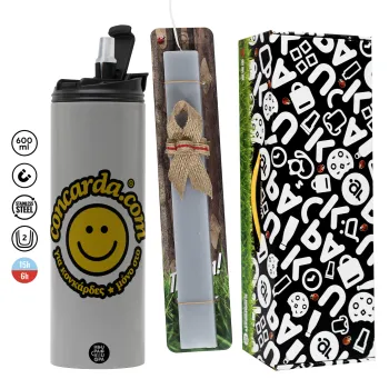 Concarda, Πασχαλινή Λαμπάδα με Travel Tumbler θερμό (600ml, BPA free) & κερί αρωματικό πλακέ (30cm) (ΓΚΡΙ)