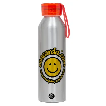 Concarda, Aluminum Sports Bottle 650ml – Silver with Red Cap and Silicone Strap