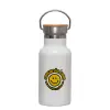 Metallic thermos (Stainless steel) White with wooden lid (bamboo), double-walled, 350ml