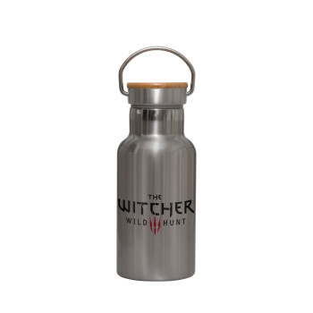 The witcher III wild hunt, Μεταλλικό παγούρι θερμός (Stainless steel) Ασημένιο με ξύλινο καπακι (bamboo), διπλού τοιχώματος, 350ml
