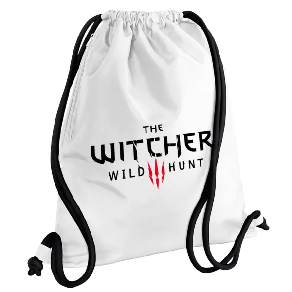 The witcher III wild hunt — Backpack pouch GYMBAG white, with pocket (40x48cm) & thick cords